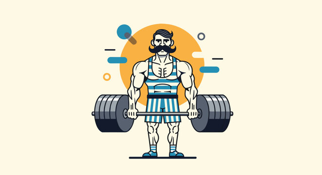 Retro style illustration of a muscular strongman with a big mustache lifting a heavy barbell while wearing a classic blue and white striped outfit.