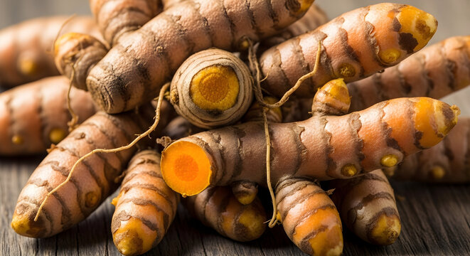 A close up macro shot of fresh vibrant turmeric roots with their distinctive orange flesh and textured skin piled on a rustic wooden surface