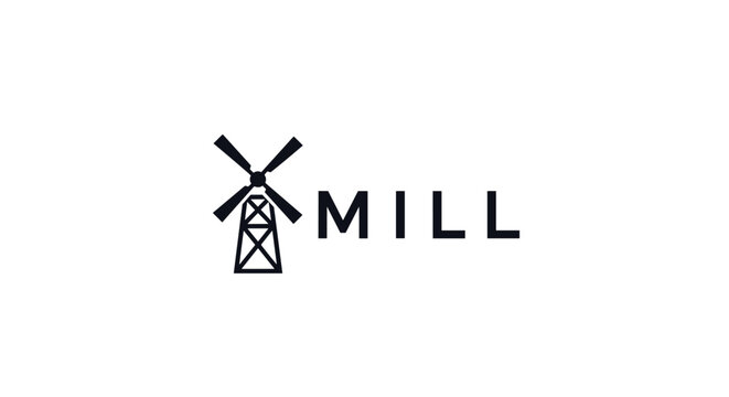 Modern minimalist logo design featuring a simple black windmill icon placed next to the word MILL in a bold sans-serif capital font.
