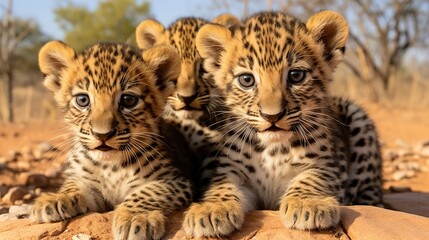 Obraz premium Two Cheetah Cubs Resting on Dry Grass in Warm Savanna Light
