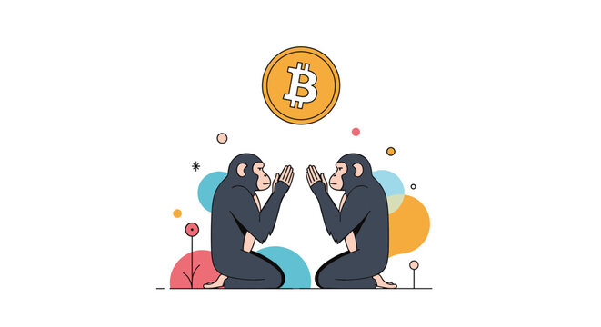 Two chimpanzees kneeling and praying towards a large glowing bitcoin coin symbol in a colorful and abstract digital environment for satire.