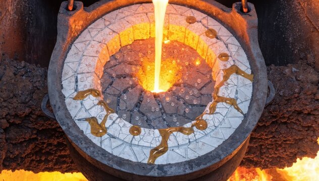 Closeup medium shot of advanced selfhealing refractory tiles in a ladle showcasing microcapsules activating to repair microcracks under intense heat during metal pouring.