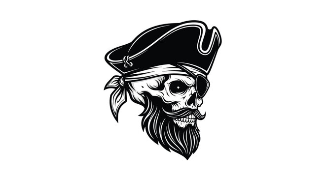 Detailed pirate skull wearing a traditional black hat with a bandana and a thick beard creates a classic seafaring outlaw illustration for branding.