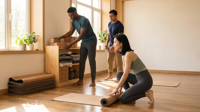 Morning Yoga Studio Day - Studio group preparing next class setup