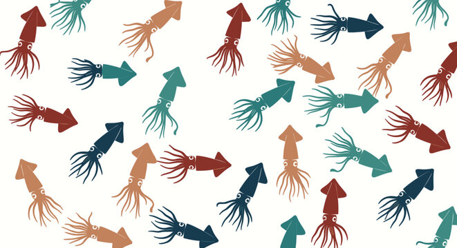 Colorful pattern of various squids swimming in different directions creates a vibrant and playful aquatic background for textile or web design.