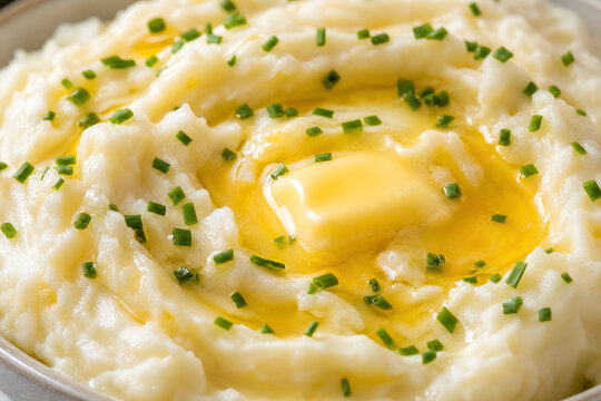 Creamy mashed potatoes with melting butter and chives, classic Thanksgiving side dish photography