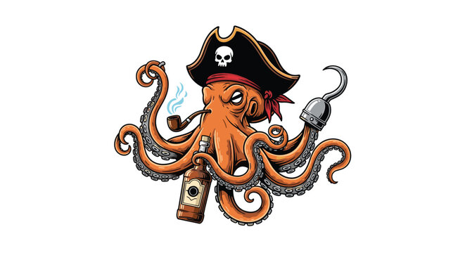 Fearsome pirate octopus wearing a captain's hat and holding a bottle of rum with a hook and a pipe illustrates a creative nautical character.
