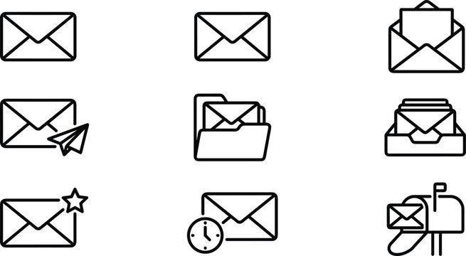 Email message and office mail management line icon set featuring black envelope open letter paper plane folder inbox clock star and mailbox vectors