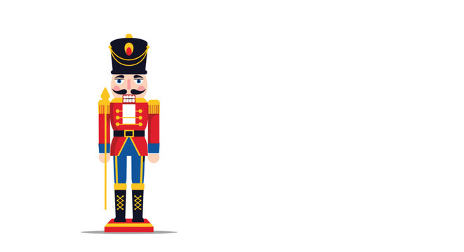 Traditional wooden nutcracker soldier figurine stands alert in a classic red and blue military uniform against white background.