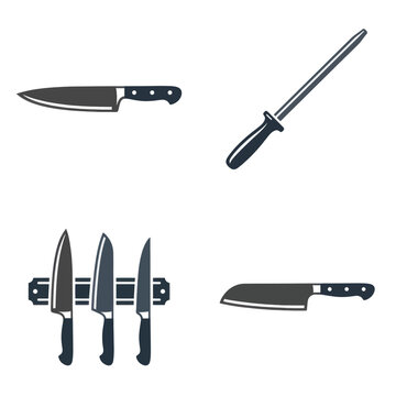 Professional Kitchen Knife Set and Sharpening Steel Icons for Culinary Design.