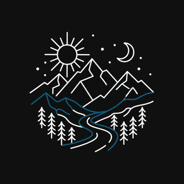 Minimalist Line Art Illustration of Mountain Landscape with Sun Moon and Forest.