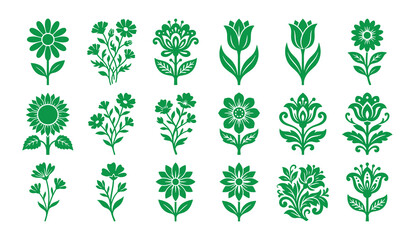 Fototapeta premium Set of green floral flower icons and nature plant symbols