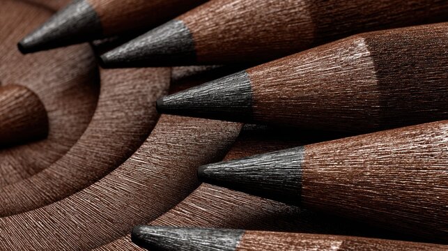 Close up view highlights textured brown wooden drawing tools with dark graphite points resting on a carved wooden surface.