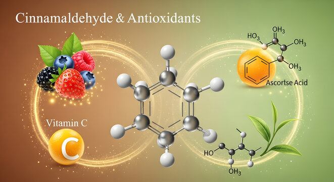 Cinnamaldehyde and antioxidants visualizing the chemical structures and natural sources of health benefits