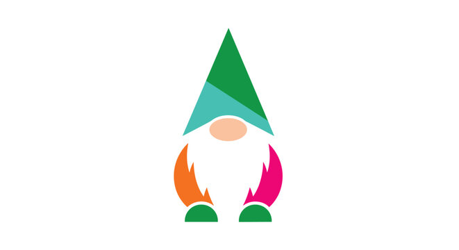 Colorful garden gnome illustration featuring vibrant geometric shapes and a pointed green hat on a solid white background.