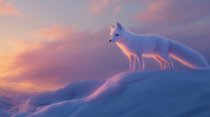 Obraz premium White arctic fox stands on snow-covered hill at sunset with pink-purple sky in the background