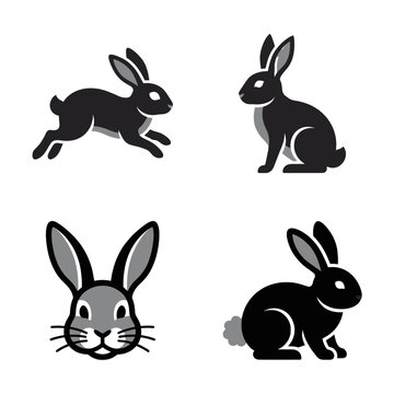 Set of black rabbit and hare silhouettes in various poses and icons.