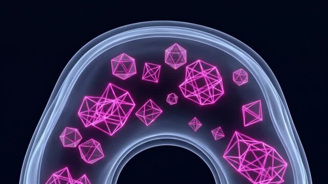 ネオンピンクの球状小胞が融合し単一の曲面へと変化する抽象的な物理シミュレーションCG