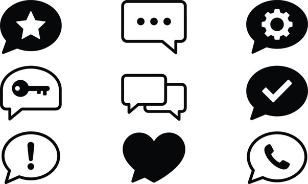 Speech bubble and online chat line icon set featuring black solid silhouette star gear key checkmark warning heart and telephone vectors