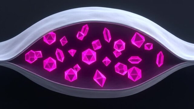 ネオンピンクの球状小胞が融合し単一の曲面へと変化する抽象的な物理シミュレーションCG
