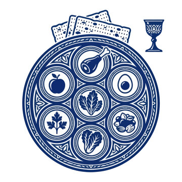 Traditional Jewish Passover Seder Plate with Matzah and Kiddush Cup Illustration.