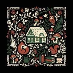 Naklejka premium Enchanted Forest Cottage Illustration with Fox Owl and Squirrel in Folk Art Style.