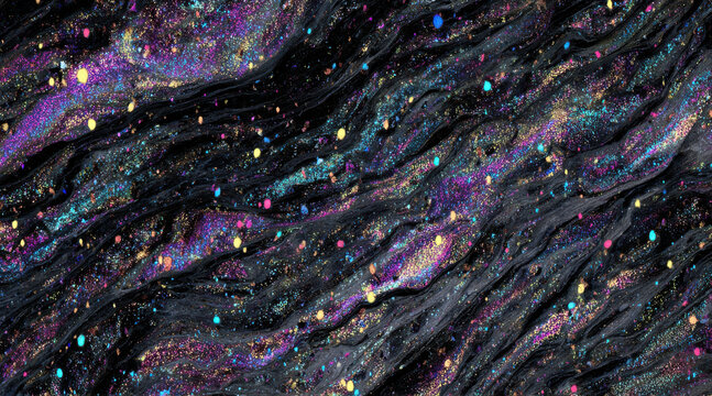 Glittering cosmic swirls with multicolored sparkles in dark veins