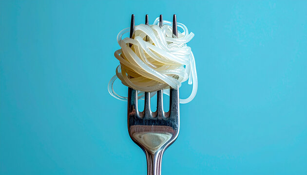 A close-up shot of perfectly cooked noodles twirled around a fork, ready to be savored against a vibrant blue backdrop