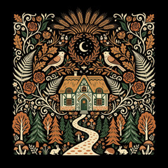 Naklejka premium Intricate Folk Art Illustration of a Cozy Cottage in a Mystical Forest with Birds and Moon.