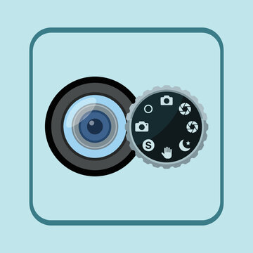Flat vector illustration of a camera lens and mode dial icon