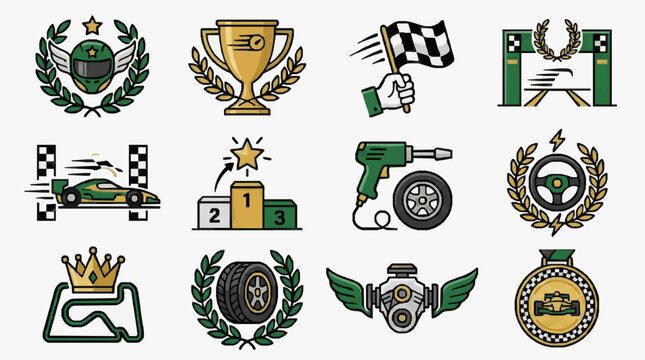Corporate Racing Achievement Icons and Milestones for Team Performance and Motivation with high professional line art symbols for modern creative design and digital branding projects