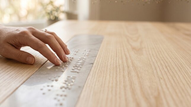Tactile braille reading experience, a woman's hand gently touching embossed text on a wooden table. Accessibility and inclusive communication for visually impaired individuals.