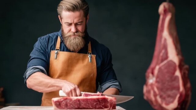 Bearded man in apron cutting fresh raw beef steak with knife in kitchen preparing meat for cooking with focused serious expression on face