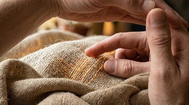 Artisan hands inspecting natural linen fabric, a close-up of textile quality and craftsmanship. Hand-woven material with visible texture, perfect for sustainable fashion and organic design