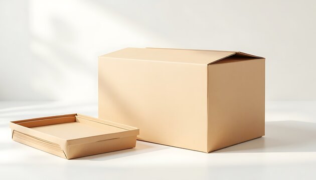 A brown cardboard box and its open lid sit on a white surface with sunlight casting shadows.