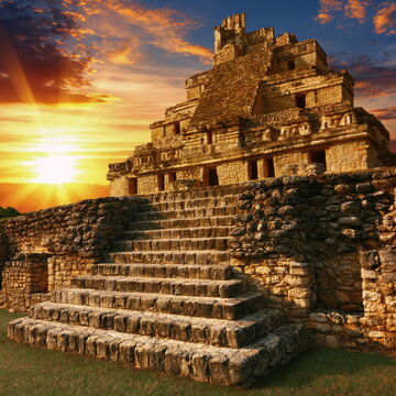Majestic Ancient Aztec Pyramid Bathed in Golden Sunset, Inspiring Awe and Wonder Against a Fiery Sky
