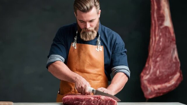Professional butcher in leather apron cutting fresh raw beef meat with large knife concentrating on slicing thick steak piece in dark kitchen interior