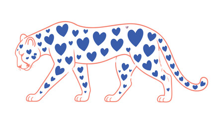 Stylized jaguar illustration with blue hearts pattern walking across white background © Amirul