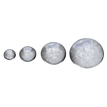 Row of four clear cosmetic gel drops in different sizes on black background