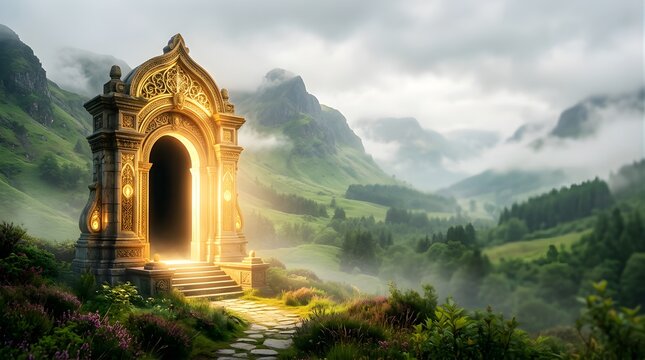 Golden portal archway standing in a misty green mountain valley landscape
