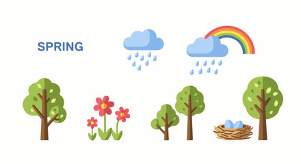 Naklejka premium A colorful cartoon illustration of spring with trees, flowers, and a bird's nest