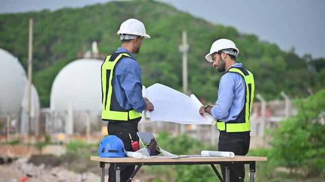 Engineers wearing safety gear, including hard hats examining survey a large blueprint tablet standing industrial facility gas or oil refinery engaged in a job requires high safety standards concept.	