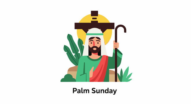 A colorful illustration of a bearded man in a green shirt and red sash holding a shepherd's staff