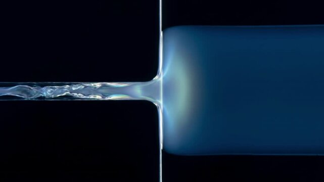 高速で流れる薄いポリマー流体が厚く穏やかな層へと変化する抽象的な物理シミュレーションCG