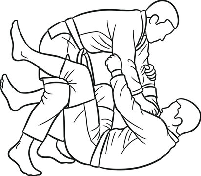 Two men practicing brazilian jiu jitsu ground fighting