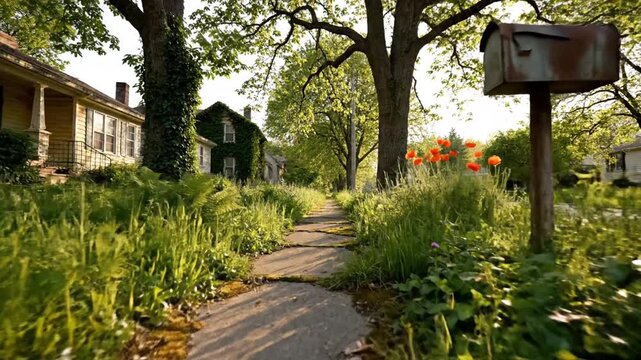 Overgrown stone path through a suburban neighborhood with wildflowers and moss under golden sunlight