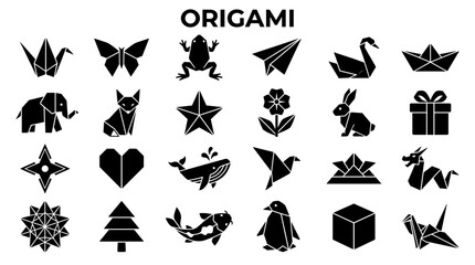 Fototapeta premium Collection of Origami Paper Folding Art Icons Featuring Animals Objects and Symbols