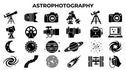 Collection of astrophotography equipment and celestial objects icons representing space exploration and astronomy hobby © Iconique Studio