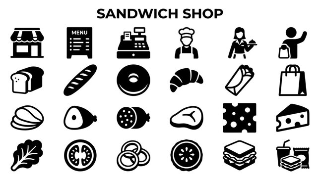Sandwich shop icons set flat design collection of food and service elements for restaurant business and cafe menu