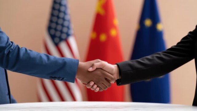 Close-up of two business people shaking hands in front of American, Chinese, and European flags during international agreement or partnership meeting